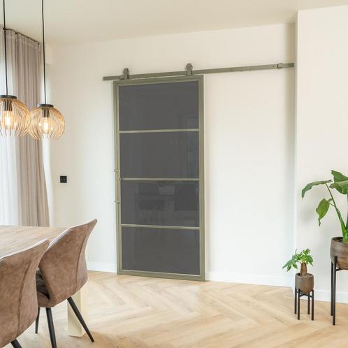 Stalen Schuifdeur - 4 Vlaks - Olijfgroen - Rook glas, Doe-het-zelf en Verbouw, Kozijnen en Schuifpuien, Inclusief glas, Nieuw