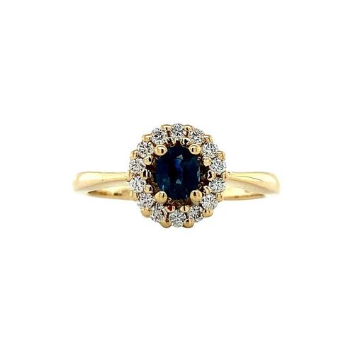 Gouden entourage ring met saffier en diamant 14 krt, Sieraden, Tassen en Uiterlijk, Ringen, Nieuw, Ophalen of Verzenden