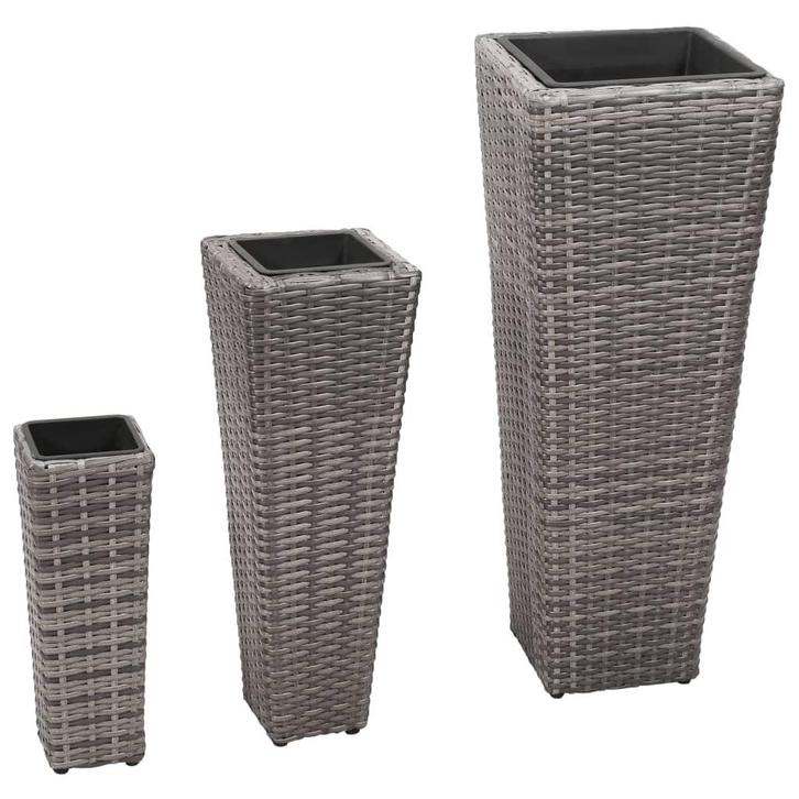vidaXL Plantenbakken verhoogd 3 st poly rattan grijs, Tuin en Terras, Bloembakken en Plantenbakken, Minder dan 60 cm, Nieuw, Kunststof