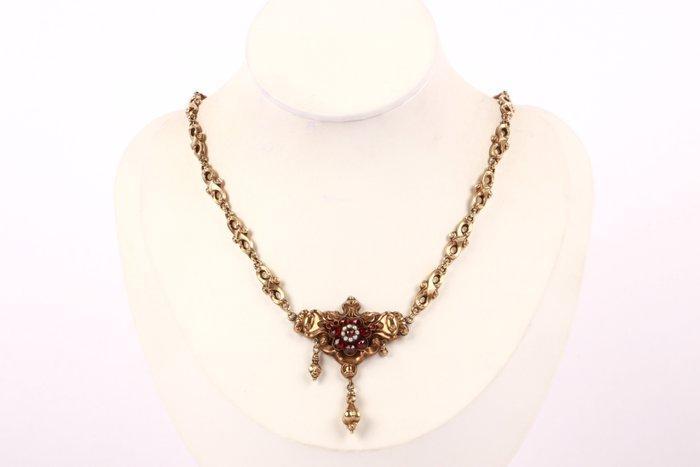 Halsketting - 12 kt. Geel goud Granaat - Parel - Late 19e, Sieraden, Tassen en Uiterlijk, Kettingen