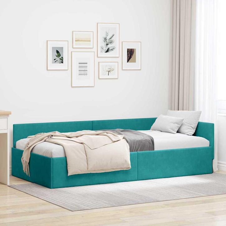 vidaXL Hoekbedframe met hoofdeinde Turquoise 100 cm x 200 cm, Huis en Inrichting, Slaapkamer | Bedden, Nieuw, Stof, Verzenden