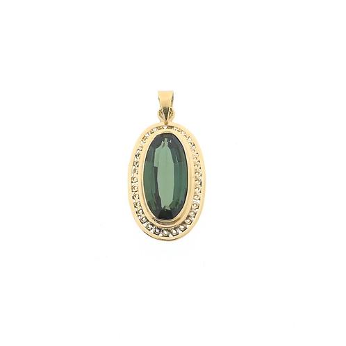 Gouden hanger met synthetische groene edelsteen (vintage), Sieraden, Tassen en Uiterlijk, Bedels, Gebruikt, Overige merken, Goud