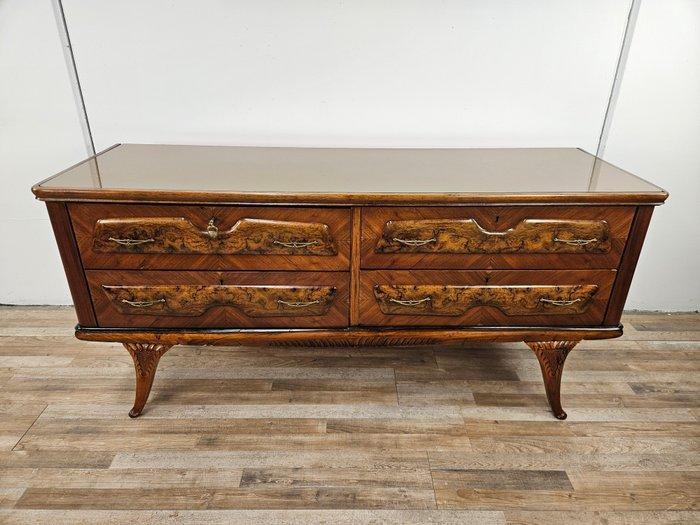 Credenza - Notenhouten ladekast met glazen blad - Glas,, Antiek en Kunst, Kunst | Designobjecten