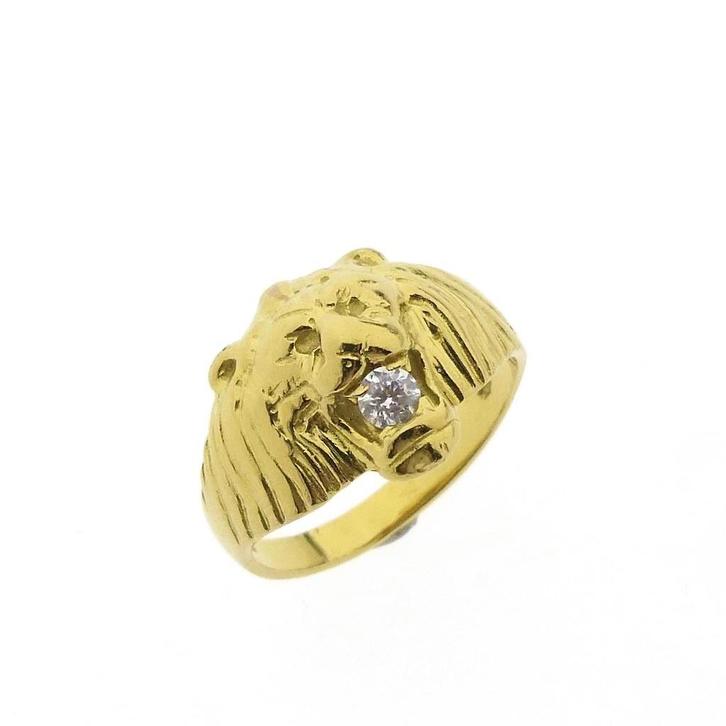 Gouden ring van een leeuwenkop met zirconia, Sieraden, Tassen en Uiterlijk, Ringen, Dame of Heer, Met edelsteen, Overige kleuren