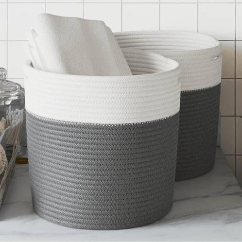vidaXL Opbergmanden 2 st Ø 28x28 cm katoen grijs en wit, Huis en Inrichting, Woonaccessoires | Schalen en Manden, Nieuw, Verzenden