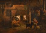 Albertus Verhoesen (1806-1881) - Barn interior with young, Antiek en Kunst, Kunst | Schilderijen | Klassiek