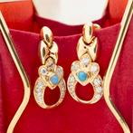 Gouden oorhangers met zirconia en turquoise (vintage), Sieraden, Tassen en Uiterlijk, Gebruikt, Overige kleuren, Ophalen of Verzenden