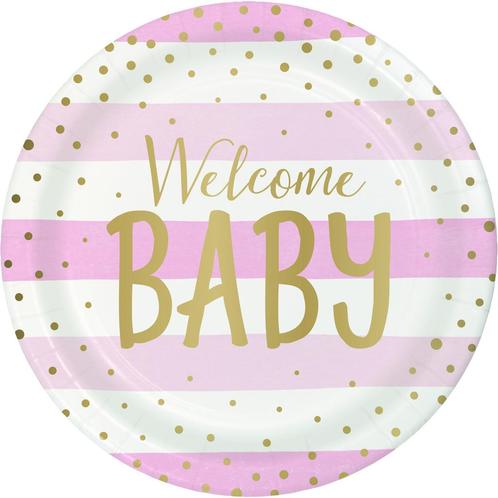 Roze Borden Welcome Baby 23cm 8st, Hobby en Vrije tijd, Feestartikelen, Nieuw, Verzenden
