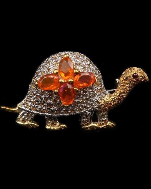 Zilver, Vuuropaal, saffier - Broche - Schitterende schildpad, Antiek en Kunst, Antiek | Boeken en Bijbels