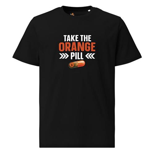 Bitcoin t-shirt -Take The Orange Pill-100% Biologisch Katoen, Kleding | Dames, T-shirts, Korte mouw, Zwart, Nieuw, Verzenden
