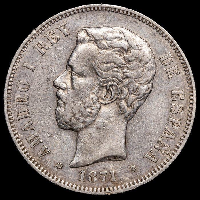 Spanje. Amadeo I. 5 Pesetas 1871 (18*71) - Madrid SDM, Postzegels en Munten, Munten | Europa | Niet-Euromunten
