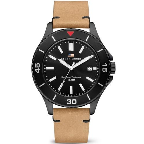 River Woods Herenhorloge 10ATM - Lederen Horlogeband Zwart, Sieraden, Tassen en Uiterlijk, Horloges | Heren, Verzenden