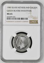 Koningin Beatrix zilveren gulden 1980 Inhuldiging MS65 NGC, Zilver, Losse munt, Verzenden