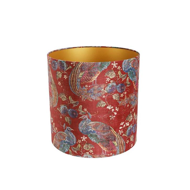 Velours lampenkap rood pauw dessin 40/40/40 binnenkant goud, Huis en Inrichting, Lampen | Lampenkappen, 25 tot 50 cm, Overige vormen