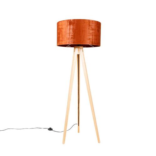 Vloerlamp hout met stoffen kap oranje 50 cm - Tripod Classic, Huis en Inrichting, Lampen | Vloerlampen