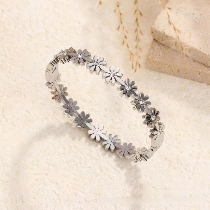 Armband met madeliefsluiting en bloemdetails met steentjes, Sieraden, Tassen en Uiterlijk, Armbanden, Met strass, Goud, Nieuw