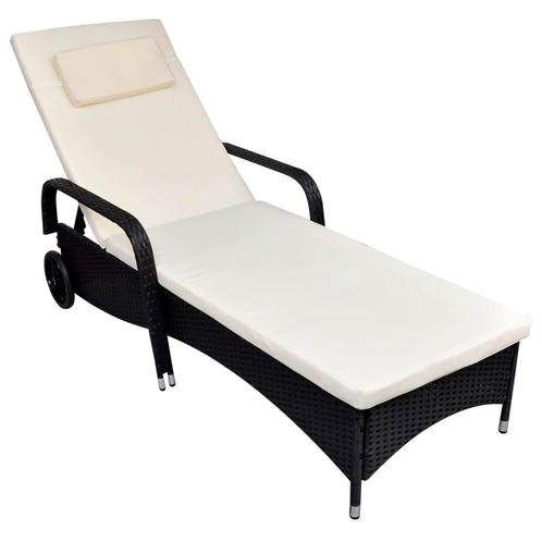 vidaXL Ligbed met kussen en wieltjes poly rattan zwart, Tuin en Terras, Ligbedden, Nieuw, Verzenden