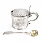 Large sterling silver engraved drum mustard pot with spoon