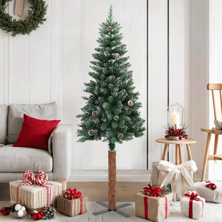 vidaXL Kerstboom met echt hout en sneeuw smal 150 cm groen, Diversen, Kerst, Nieuw, Verzenden