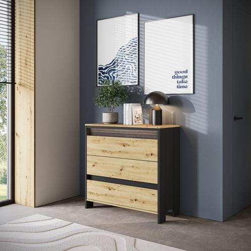 Meubella | Ladekast eiken 92 cm | met LED | 3 lades, Huis en Inrichting, Kasten | Ladekasten, 25 tot 50 cm, Nieuw, 50 tot 100 cm