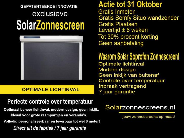 Solar Zonne-screens Actie tot 31 Okt 30% Korting, Diensten en Vakmensen, Zonweringinstallateurs, Gordijnen of Lamellen, Raam- of Deurhorren