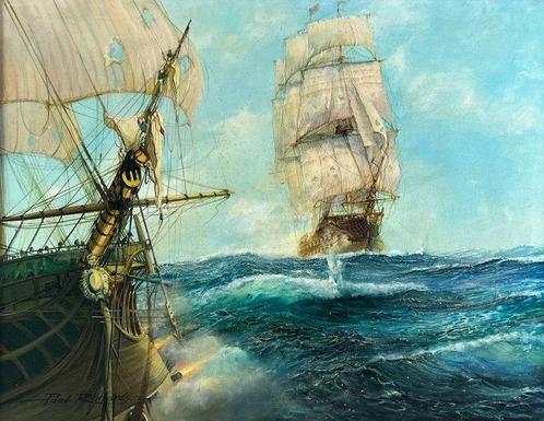 Paul Richardson. (XX) - A sea battle with galleons, Antiek en Kunst, Kunst | Schilderijen | Klassiek