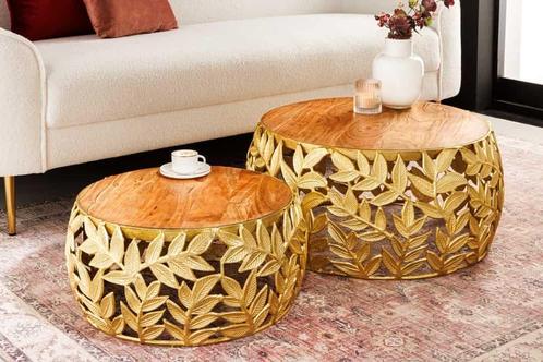 Ronde set van 2 salontafels ABSTRACT LEAF 70cm natuurlijk, Huis en Inrichting, Tafels | Salontafels, Ophalen of Verzenden