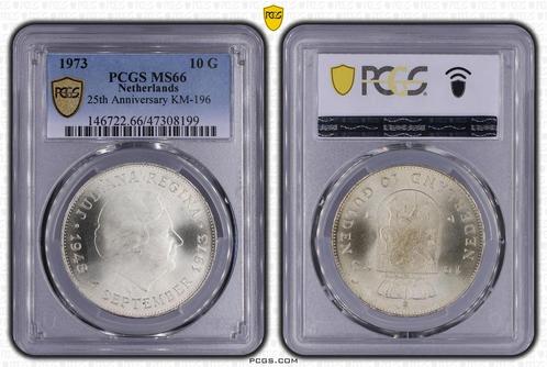 Koningin Juliana 10 gulden 1973 Jubileum MS66 PCGS, Postzegels en Munten, Munten | Nederland, Losse munt, Zilver, Verzenden