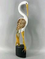 sculptuur, Large Hand-Carved Wooden Crane - Batik Style Wing