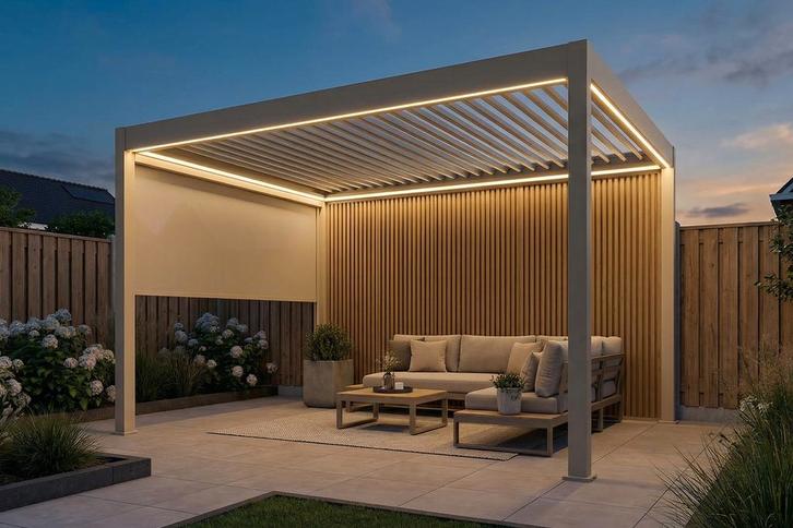 Lamellen Overkapping 4x3 m. Aluminium - Elektrisch Dak & LED, Tuin en Terras, Overkappingen, Nieuw, Verzenden
