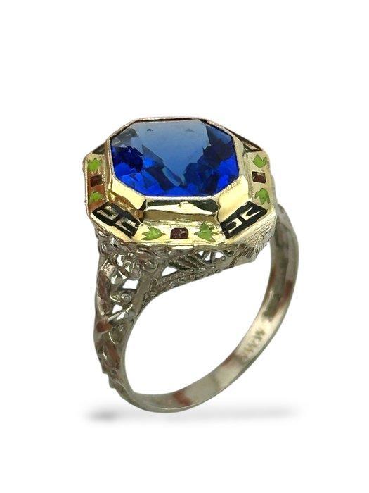 Ring - 14 karaat Art Deco 14K gouden ring met emaille en, Sieraden, Tassen en Uiterlijk, Ringen
