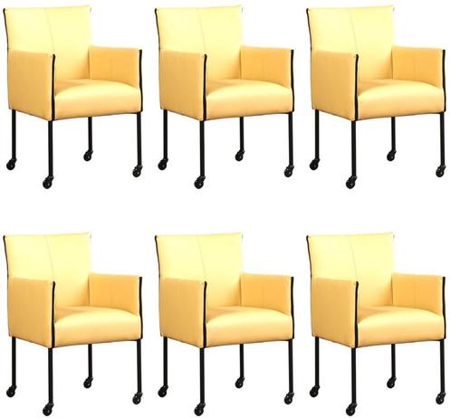Set van 6 Gele leren moderne kuipstoel - poot rond zwart met, Huis en Inrichting, Stoelen, Vijf, Zes of meer stoelen, Nieuw, Leer