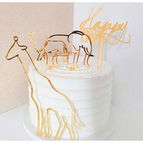 Acryl taarttopper Happy Birthday met giraf, olifant + leeuw, Hobby en Vrije tijd, Taarten en Cupcakes maken, Taarten of Cupcakes