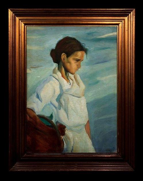 École Européene (XX) - Jeune Fille à la Plage (Daprès, Antiek en Kunst, Kunst | Schilderijen | Klassiek