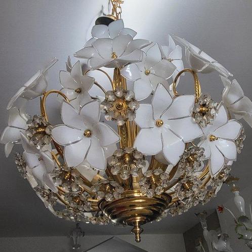 Plafondlamp - Verguld messing - Lampenkroon met bloemen van, Antiek en Kunst, Curiosa en Brocante