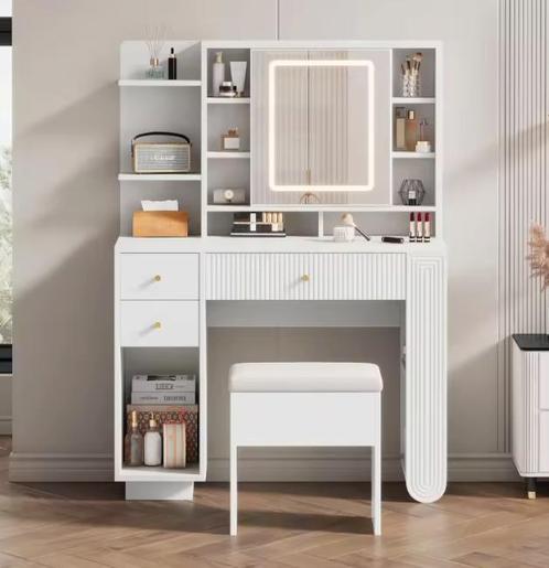 Kaptafel 100 cm – Met Spiegel, Kruk en LED Verlichting, Huis en Inrichting, Tafels | Kaptafels, Nieuw, Verzenden