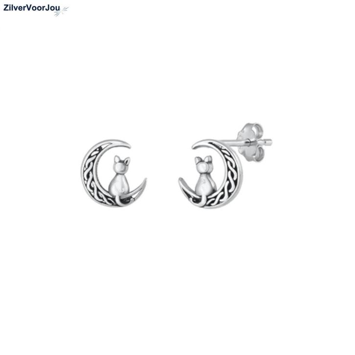 Zilveren poes in Keltische maan oorstekers, Sieraden, Tassen en Uiterlijk, Oorbellen, Nieuw, Verzenden