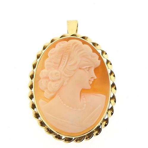 8 Krt. Broche/hanger met camee | Antiek (vintage, schelp), Sieraden, Tassen en Uiterlijk, Bedels, Gebruikt, Overige merken, Goud