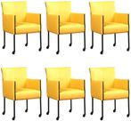 Set van 6 Gele leren moderne kuipstoel - poot rond zwart met, Huis en Inrichting, Stoelen, Nieuw, Leer, Ophalen of Verzenden, Modern