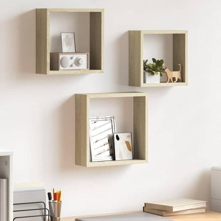 vidaXL Wandschappen kubus 3 st sonoma eikenkleurig, Huis en Inrichting, Woonaccessoires | Wandplanken en Boekenplanken, Nieuw