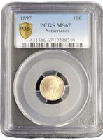 Koningin Wilhelmina 10 cent 1897 PCGS MS67 gecertificeerd, Zilver, Losse munt, Verzenden