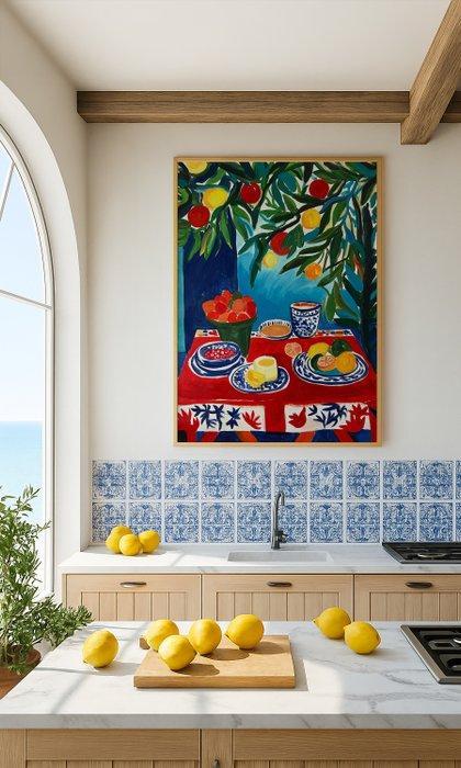 E. García - FRUTAS SOBRE MANTEL ROJO XL (No Reserve), Antiek en Kunst, Kunst | Schilderijen | Modern