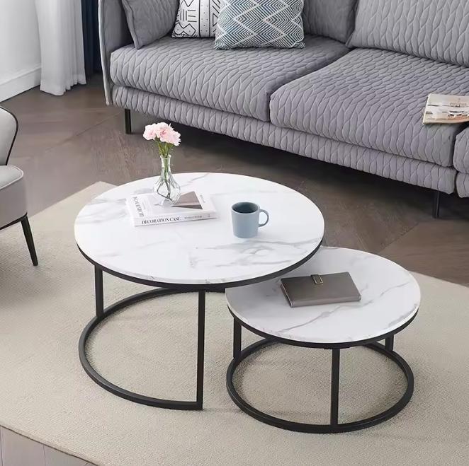 Ronde Salontafelset 2-delig – Marmerlook Metaal 80 of 60cm, Huis en Inrichting, Tafels | Salontafels, Nieuw, Verzenden