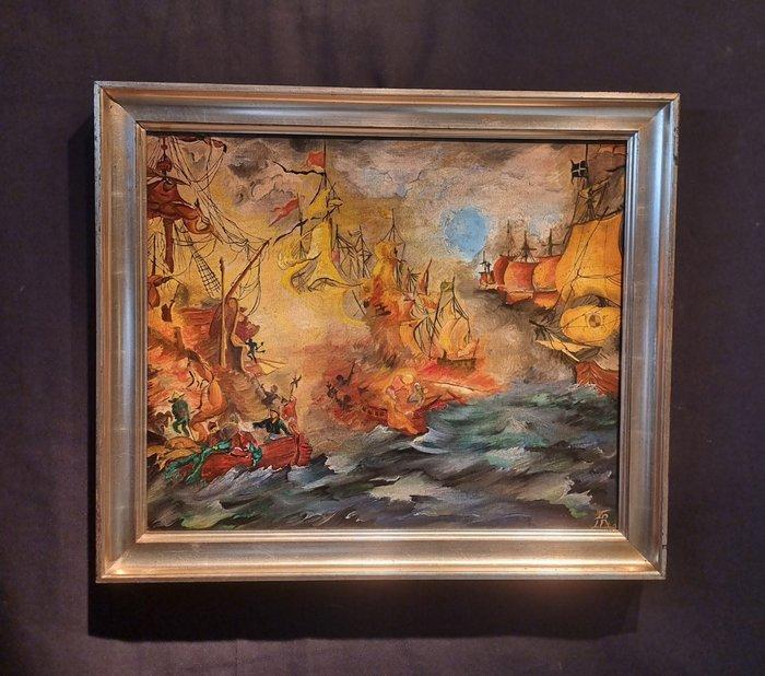 Franse school (XX) - Battaglia navale, Antiek en Kunst, Kunst | Schilderijen | Klassiek