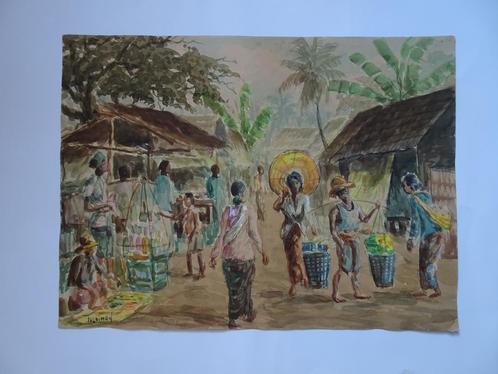Kleurrijk Aquarel markt in Indonesie, Sulaimon, jaren 50, Antiek en Kunst, Kunst | Niet-Westerse kunst, Verzenden
