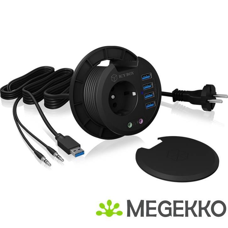 ICY BOX IB-HUB1430 USB 3.2 hub + audio + stopcontact desk, Computers en Software, USB Sticks, Nieuw, Verzenden