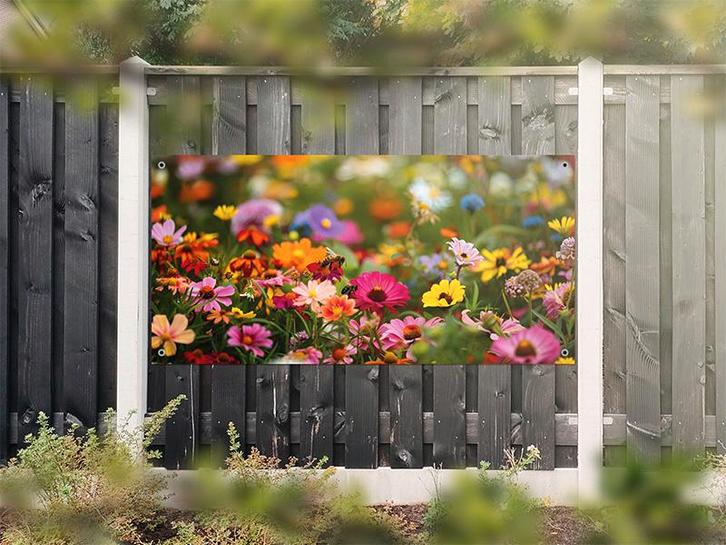 NR 1207: Tuinposter kleurrijke bloemen en bijtje 90x180cm, Tuin en Terras, Tuinwanddecoratie, Nieuw