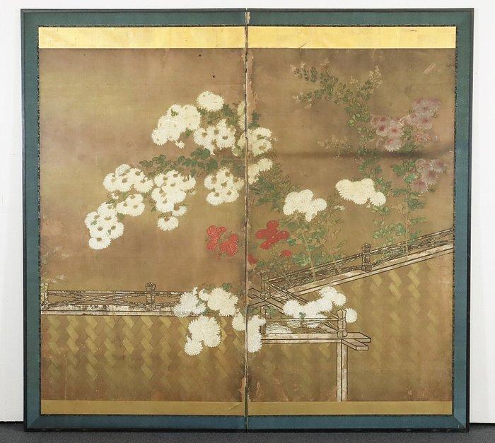 Bybu kamerscherm - Chrysanten en houten hek - Japan - Edo, Antiek en Kunst, Antiek | Overige Antiek