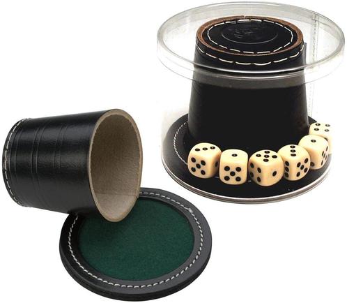 Dobbelbeker Leder Zwart + Dobbelstenen (8,5 x 9 cm) | HOT, Hobby en Vrije tijd, Gezelschapsspellen | Bordspellen, Nieuw, Verzenden