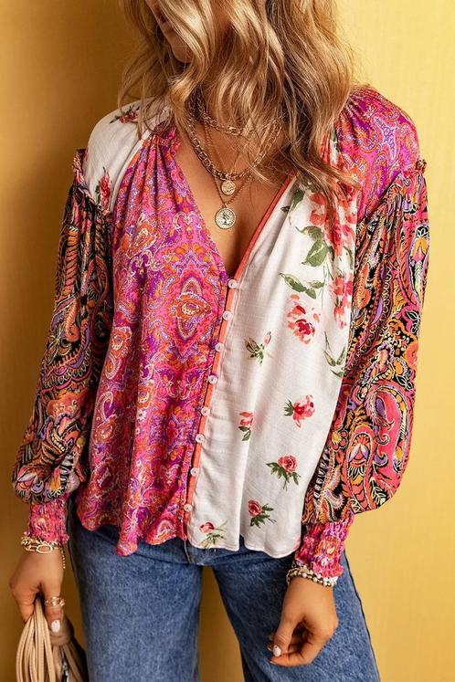 Pink Multicolor Floral Patchwork Shirred Cuffs Buttoned Blou, Kleding | Dames, Grote Maten, Nieuw, Verzenden